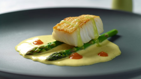Asparagus with scallop on a black plate closeup Generative AIの素材