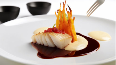 Dish of scallops with red sauce on a white background Generative AIの素材