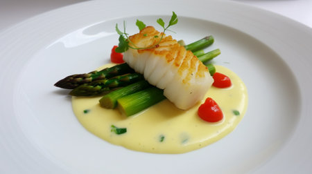 Asparagus with scallop on a white plate in a restaurant Generative AIの素材