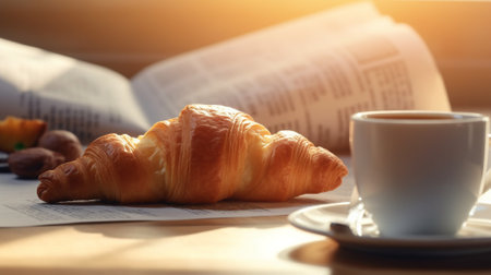 Breakfast with coffee and croissants on table in the morning sunlight Generative AIの素材