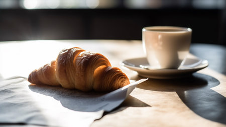 Breakfast with coffee and croissants in a basket on table Generative AIの素材