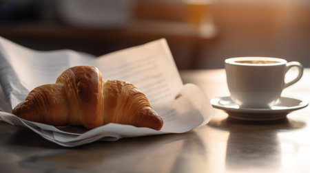 Breakfast with coffee and croissants on table in the morning light Generative AIの素材