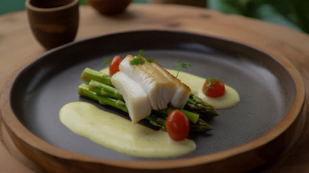 Asparagus with white fish and cherry tomatoes on a black plate Generative AIの素材
