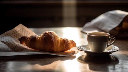 Breakfast with coffee and croissants in the morning light. Generative AIの素材