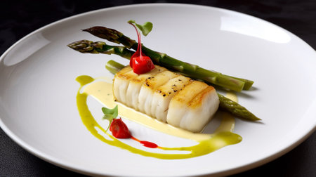 Asparagus with scallops on a white plate in a restaurant Generative AIの素材