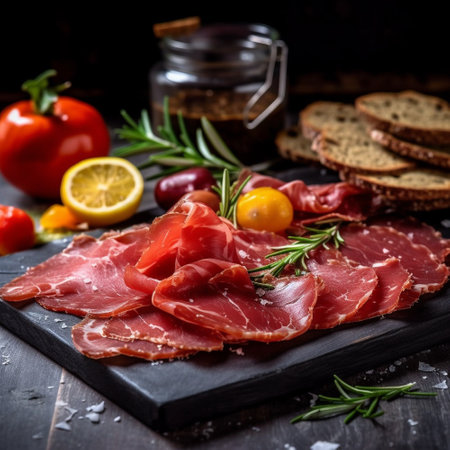 Italian prosciutto crudo or jamon with rosemary, tomatoes and bread Generative AIの素材