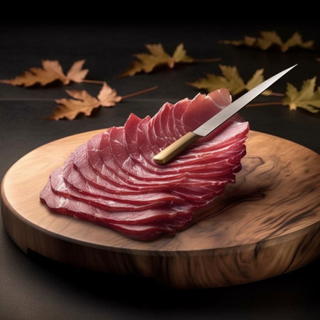 Slices of smoked beef on a wooden board with maple leaves Generative AIの素材
