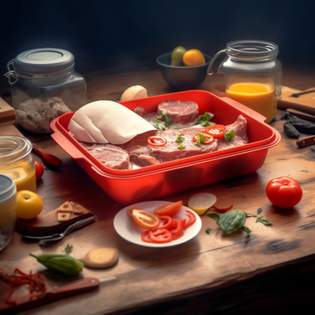 Meat and vegetables in a red container on a wooden table. Preparation for cooking. Generative AIの素材