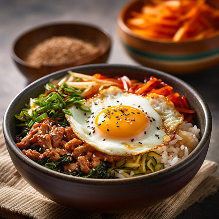 Bibimbap - Korean rice bowl with fried egg and vegetables. Generative AIの素材