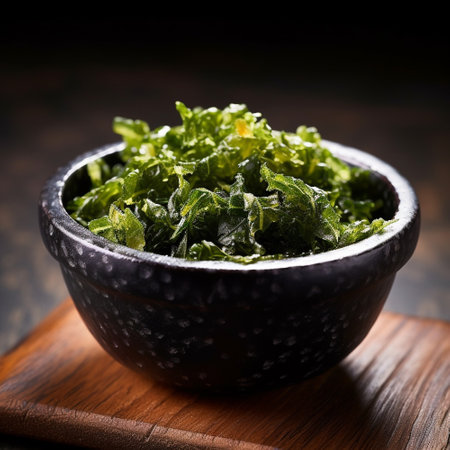 Fresh chopped parsley in a bowl on a dark background. selective focus. Generative AIの素材