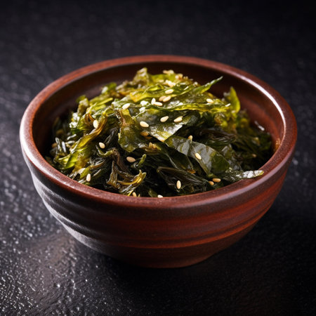 seaweed salad in bowl on dark background, top view. Generative AIの素材
