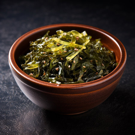 Seaweed salad in bowl on dark background. close up. Generative AIの素材