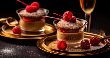 Tiramisu with raspberries and champagne on black background Generative AIの素材