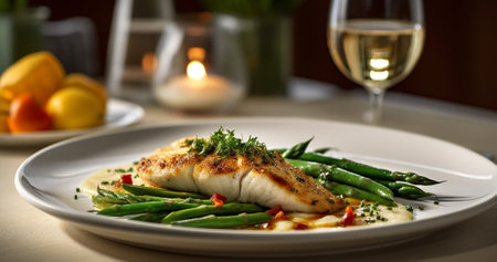 Grilled fish fillet with asparagus and sauce on white plate Generative AIの素材