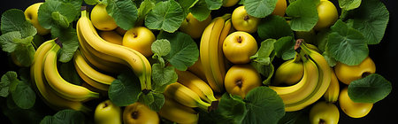 Bananas and apples with leaves on a black background, top view Generative AIの素材