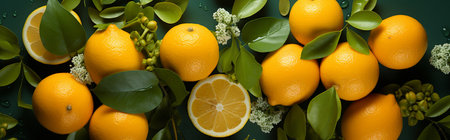 Lemons and oranges with leaves on green background, top view Generative AIの素材