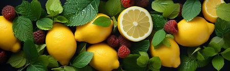 Lemon, raspberries, mint and lemons on dark background Generative AIの素材