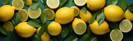 Lemons and lemons with green leaves on green background, top view Generative AIの素材