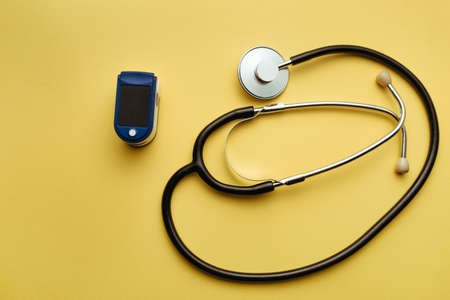 diagnostics of coronaviruses and pneumonia device heart rate monitor measures lung soturation and statoscope.の写真素材