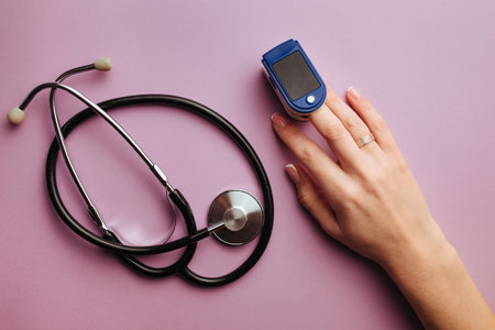 diagnostics of coronaviruses and pneumonia device heart rate monitor measures lung soturation and statoscope.の写真素材