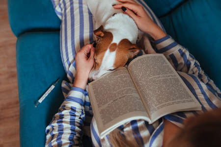 sick ginseng in pajamas is lying on the couch with a thermometer and on her feet is the dog jack rusl. pet health and care concept.の写真素材