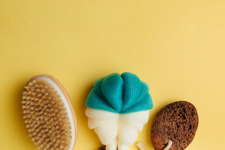 washcloth, bathing brush and heel foam. concept of accessories for shower, bath and spa salonの写真素材