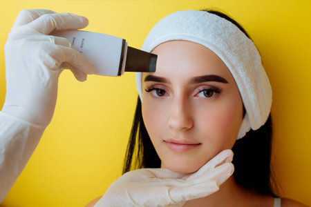 Close up top view of pretty young Caucasian lady during the procedure of cleansing the skin with ultrasound scrubber. Ultrasonic device in the hands of professional female afro beauticianの写真素材