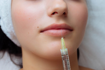 sensual female lips, procedure lip augmentation. Syringe near womans mouth, injections for increase...