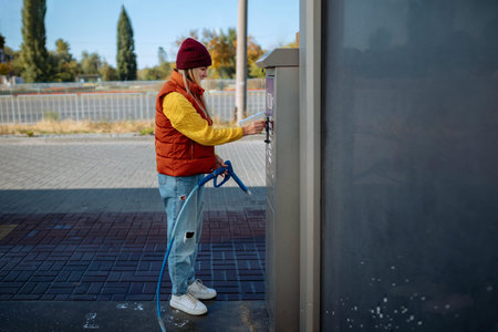 portrait young, smiling, happy, attractive woman washing automobile at manual car washing self service station, cleaning with foam, pressured water. Transportation, auto, vehicle care conceptの写真素材
