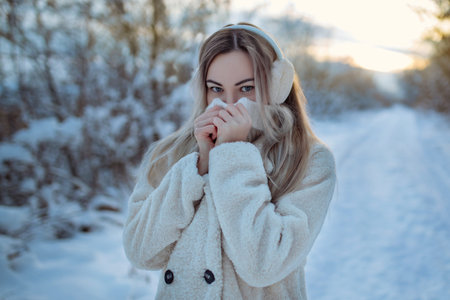 Portrait of a cute girl in winter in warm headphones and knitted mittens. The girl warms her hands breathing on them with her mouth on the street. Winter coldの写真素材