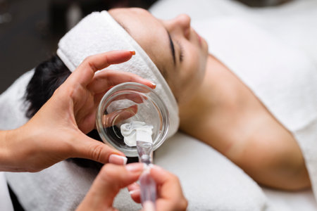 Close-up shot of a woman getting facial treatment with clay mask. Cosmetology and spaの写真素材