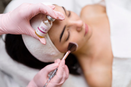 Yaremche, Bukovel, Ukraine - January 10, 2022 preparation for procedure prx-t33. Chemical Peel Face Treatment with Retinol Serum.のeditorial素材