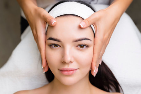 Professional anti-aging facial massage. Action. Relaxing facial treatment at Spa. Relaxing and rejuvenating facial massage for womenの写真素材