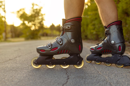 unrecognizable feet with rolling skate close up on rural paved street with sun flare or back light low angle viewの写真素材