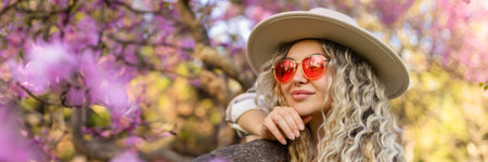 Beautiful woman in sunglasses near blossoming tree on spring day, space for text bannerの写真素材