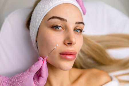 Face lifting PDO Suture operation. innovative technique of New thread lift, cosmetologist preparing...