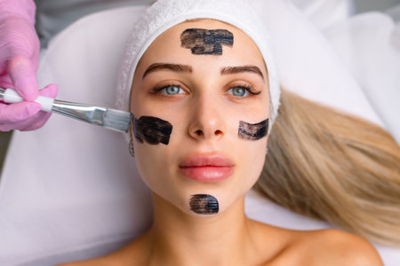 cosmetologist applying black mask on pretty woman face wearing black gloves, gorgeous woman in spa having facial proceduresの写真素材
