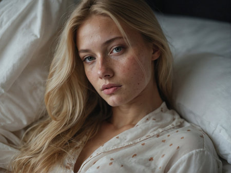 young beautiful woman laying on bed looking at camera portrait sensual blondeの素材