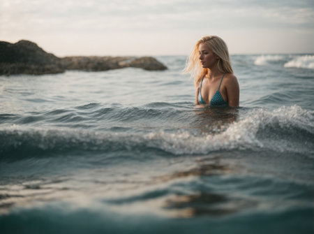 Leave. Relaxation and rest concept. Beauty portrait of a young attractive model swimming in clear sea water. Natural skin careの素材