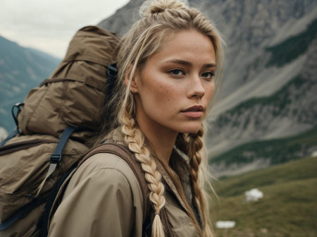 Woman with backpack smiling and looking at camera hikingの素材