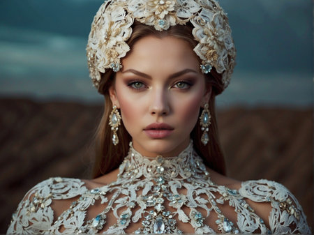 Beautiful portrait of a medieval princess in a luxurious wedding dress with crystals and stone-encrusted wineの素材