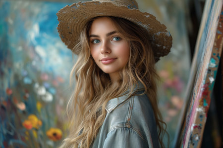 blonde woman painting a picture in a studio with a palette Generative AIの素材