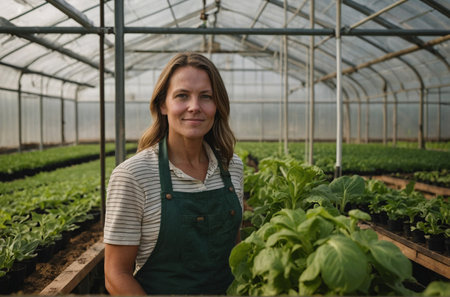 Agricultural portrait of women in greenhouse with greens and salad.の素材