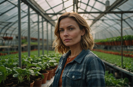 Agricultural portrait of women in greenhouse with greens and salad.の素材