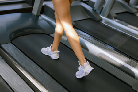 Attractive woman running on treadmill in sport gym, sport life and sport equipment. Back view.の写真素材