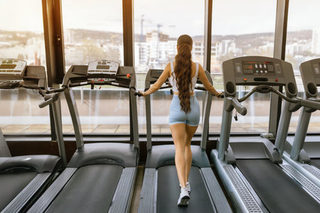 Attractive woman running on treadmill in sport gym, sport life and sport equipment. Back view.の写真素材