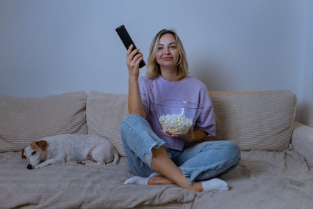 Home, evening: Young woman in casual clothes sits cross-legged on a sofa, holding popcorn and a remote, watching TV with a soft smile. A small dog sleeps peacefully next to her.の写真素材