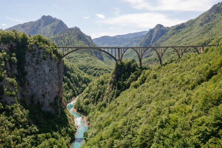 Aerial view on Djurdjevica arch bridge over the Tara River in northern Montenegro,の写真素材