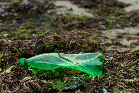 plastic bottle discarded on a polluted beach, symbolizing ocean pollution, environmental damage and urgent need for coastal cleanup and sustainability awareness.の写真素材