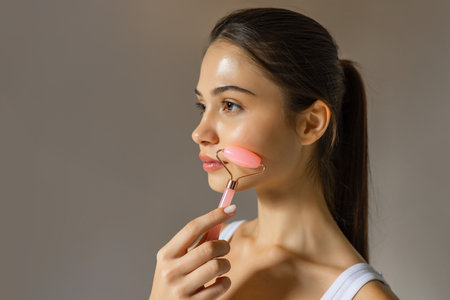 Young woman using a pink facial roller on her cheek, demonstrating a relaxing skincare massage routine on a soft studio background.の写真素材
